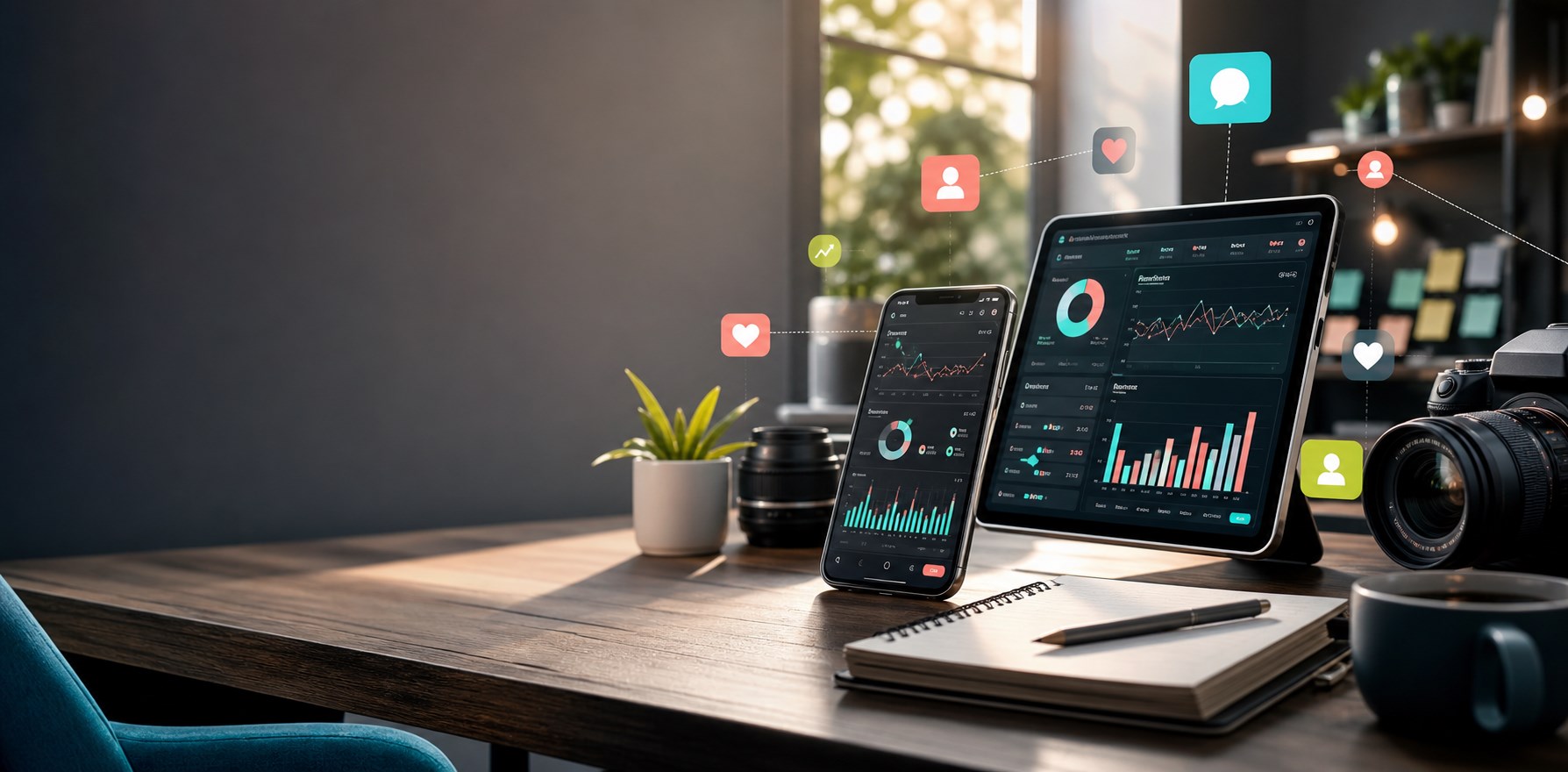 Creator desk with a phone, tablet, camera, and social analytics